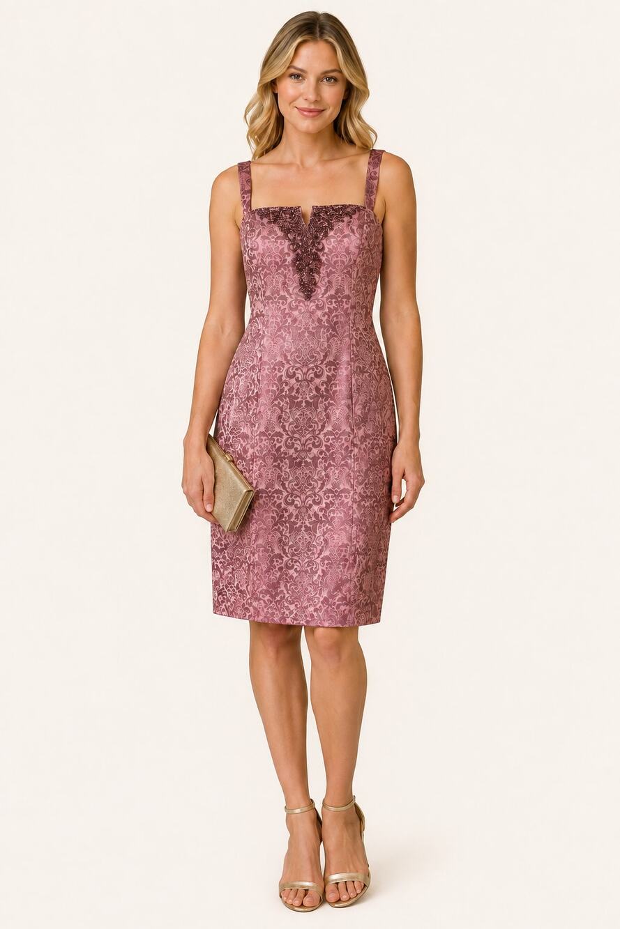 Papell Boutique Evening Silk Beaded Damask Cocktail Dress Mauve Womens Size 10